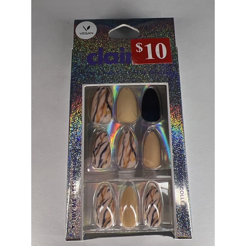 24pc‎ Claire's Fake False Press On Glue On Black Buff Color Marble Brown Nails
